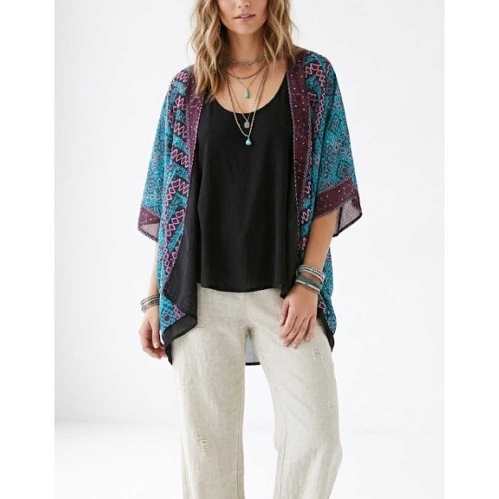 Tolani Kimono Duster One Size Blue Burgundy Geometric Boho Open Front Festival